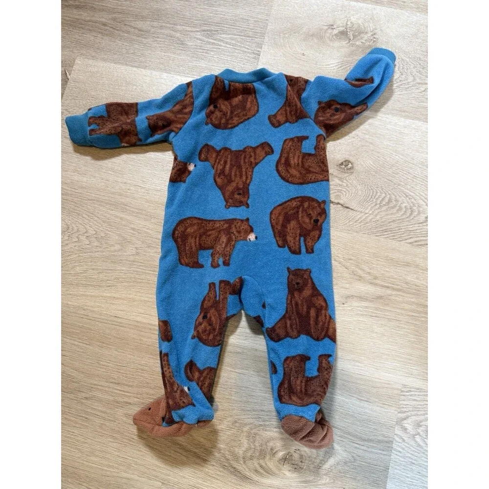 Carters 3 Month Fleece Footed Sleeper Blue Brown Bear Print Zip Up 3D Feet